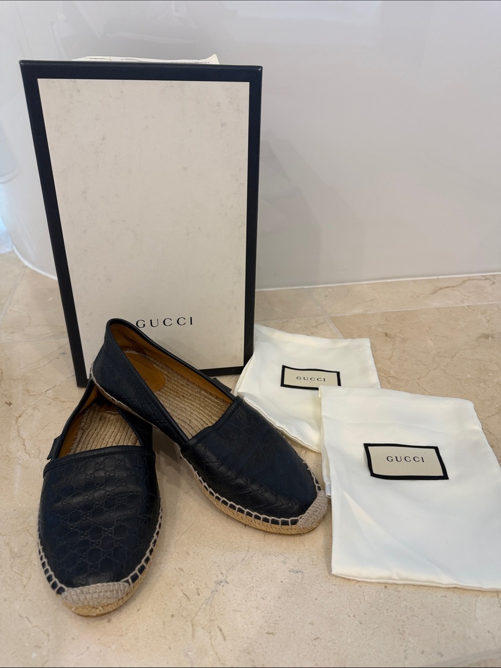 Gucci Black Leather women’s Espadrilles with Embossed GG